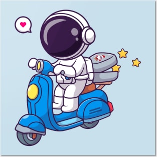 Cute Astronaut Riding Scooter With Star Box Cartoon Posters and Art